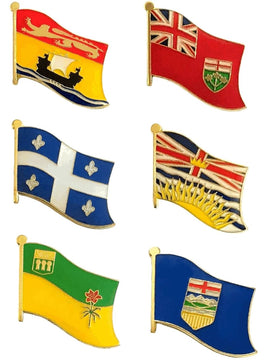 A picture of six single flag Canadian Province lapel pins, representing the Canadian provinces category.