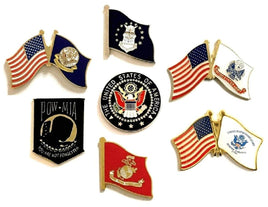 A picture of seven military lapel pins of various styles, representing the military flag pins category.