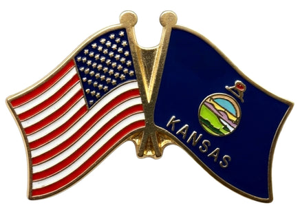 A double flag lapel pin with the Kansas state flag on the right and the United States flag on the left.