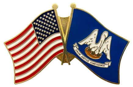 A double flag lapel pin with the United States flag on the left and the Louisiana flag on the right.
