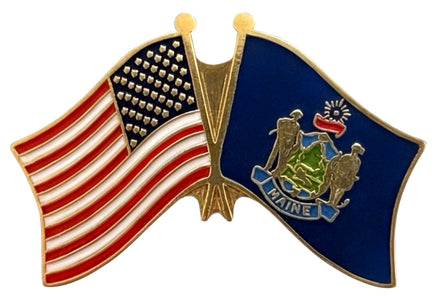 A double flag pin with the American flag on the left and the Maine state flag on the right.