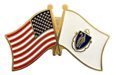 A double flag lapel pin with the United States flag on the left and the Massachusetts state flag on the right.