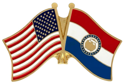 A double flag pin with the American flag on the left and the Missouri state flag on the right.