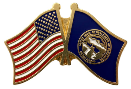 A double flag pin with the American flag on the left and the Nebraska flag on the right.