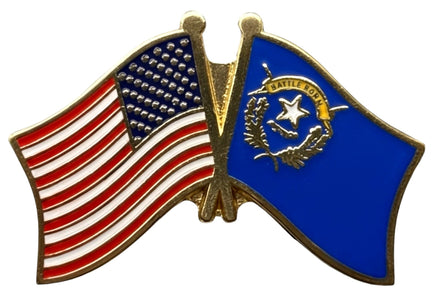 A flag pin with the American flag on the left and the Nevada state flag on the right.