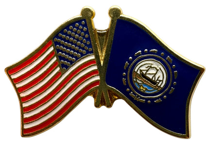 A flag pin with the American flag on the left and the New Hampshire state flag on the right.