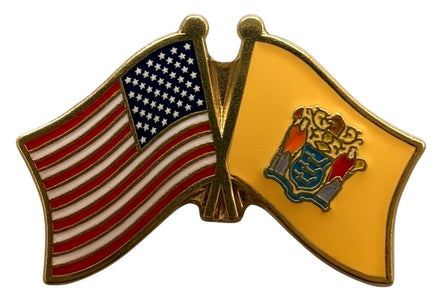 A flag pin with the American flag on the left and the new Jersey state flag on the right.