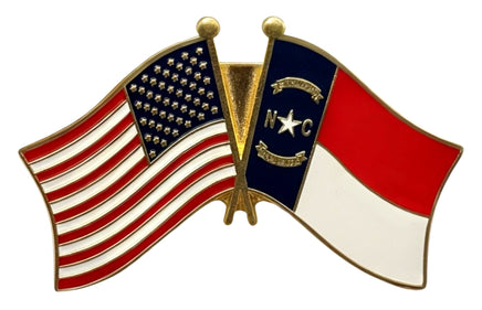 A double flag pin with the American flag on the left and the North Carolina state flag on the right.