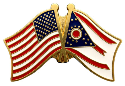 A double flag pin with the American flag on the left and the Ohio state flag on the right.