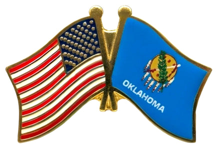 A double flag pin with the American flag on the left and the Oklahoma state flag on the right.