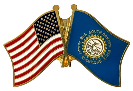 A double flag pin with the American flag on the left and the South Dakota state flag on the right.