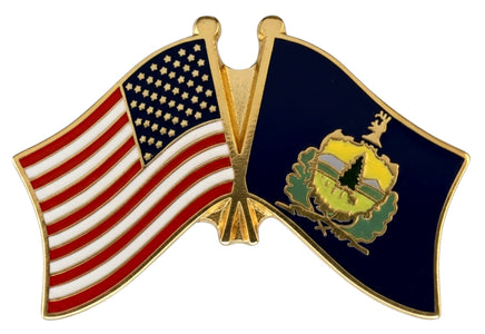 A double flag pin with the American flag on the left and the Vermont state flag on the right.
