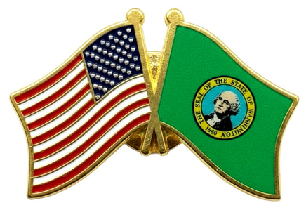 A double flag pin with the American flag on the left and the Washington state flag on the right.