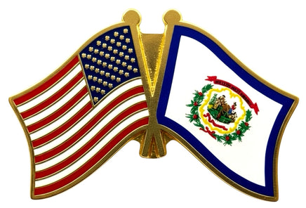 A double flag pin with the American flag on the left and the West Virginia state flag on the right.