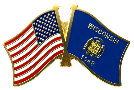 A double flag pin with the American flag on the left and the Wisconsin state flag on the right.