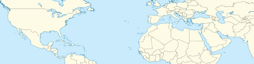 A world map focused on north America, Europe, northern Africa, and southwest Aisia. Land masses are shown in pale yellow, and water is shown in light blue.